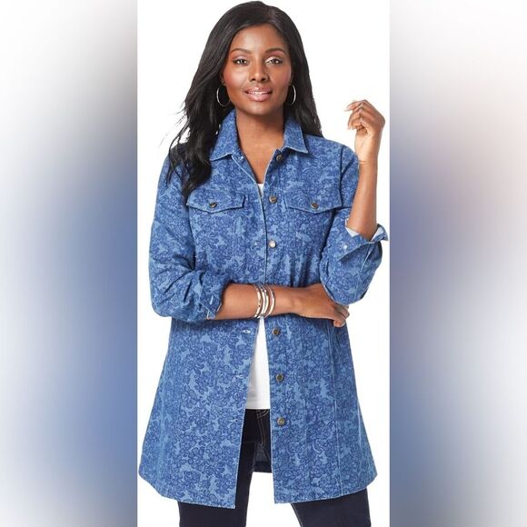 Jean Jacket Women’s Plus 26W Denim Tunic Floral Blue Button Front Jessica London - Picture 1 of 7